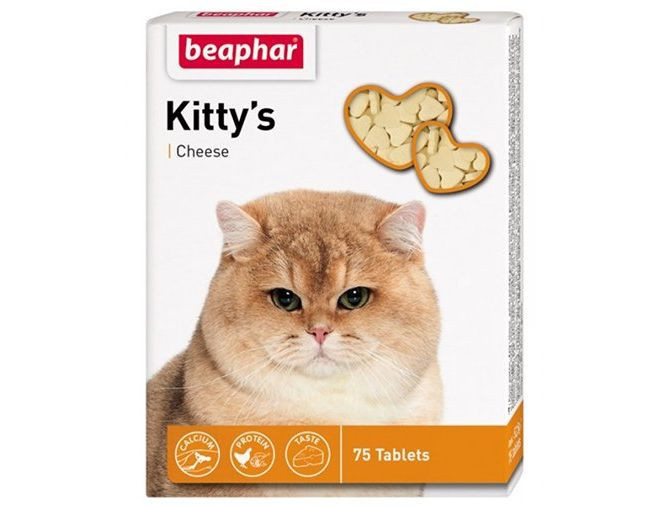 Beaphar Kittys Cheese вітамінізовані ласощі зі смаком сиру для котів, 75 таблеток (сердечка)