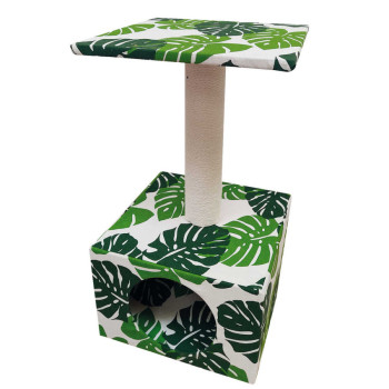 Дряпка з полицею на будиночку Croci Green Leaves Cave 30*30*55 см для котів, колір зелене листя (C6021108)