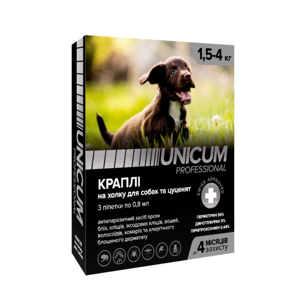 Краплі від бліх та кліщів на холку для собак Unicum PRO 1,5-4 кг (перметрин) 3шт/уп Краплі від бліх та кліщів на холку для собак Unicum PRO 1,5-4 кг (перметрин) 3шт/уп