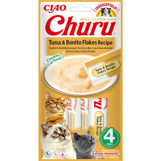 Ласощі INABA "Churu" для котів, вершковий мус в стіках, тунець з пластівцями боніто 4*14 гр