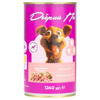 Корм Добрий Пес, для дорослих собак шматочки м'ясне асорті в соусі, 1240 гр. ж/б