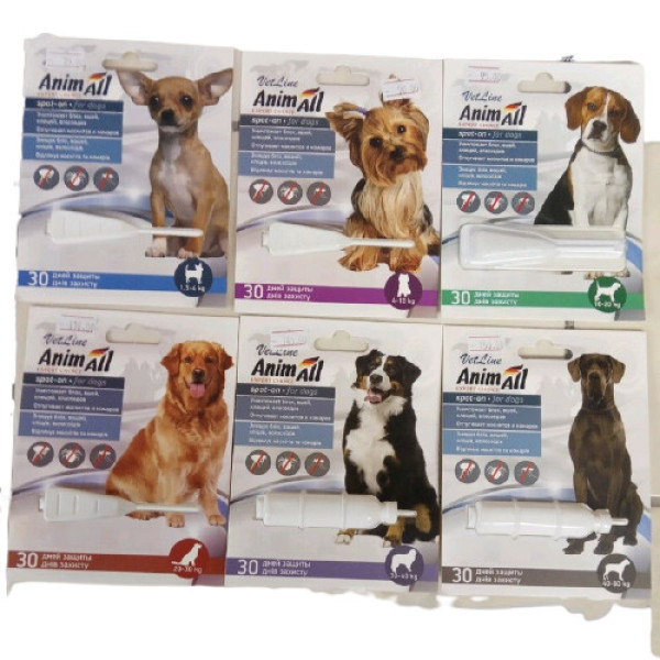Animall spot-on &quot;vetline&quot; Анімал краплі від бліх і кліщів для собак вагою 1,5 - 4 кг, 1 піпетка х 0,8 мл
