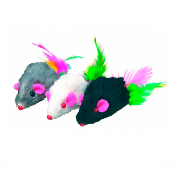 Іграшка для котів CAMON мишка, штучне хутро з пір'ям (біла,сіра,чорна) 5см