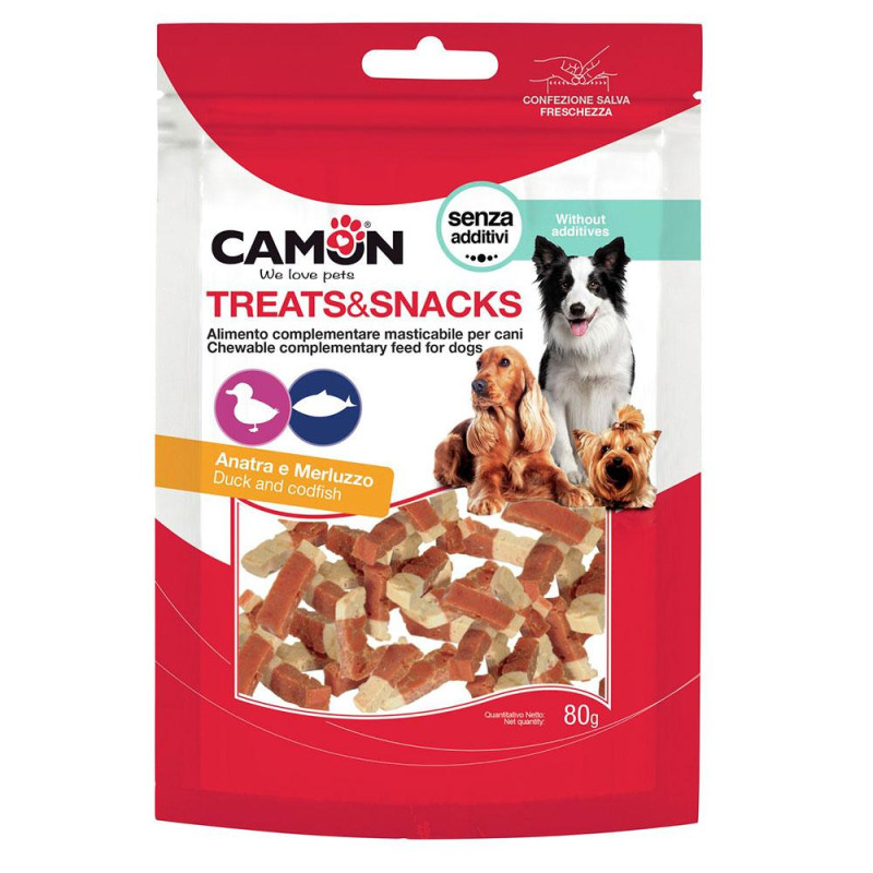 Ласощі для собак CAMON м'ясні шматочки з качки та тріски, 80 гр, 3,5*0,5 см