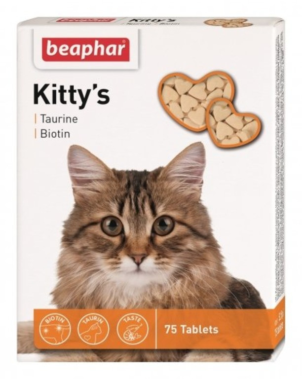 Beaphar Kittys Taurin + Biotin вітамінізовані ласощі з біотином і таурином для котів, 75 таблеток (сердечка)