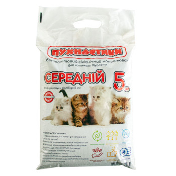 Пухнастики бентонітовий гігієнічний комкуючий наповнювач для котячих туалетів, без аромату,  5 кг, середні гранули