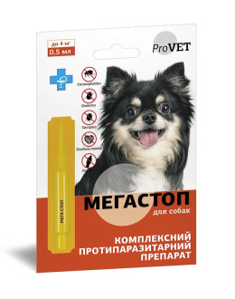 Капли ProVET Мега Стоп для собак до 4 кг, против эндо и эктопаразитов, 0,5 мл, 1 пипетка