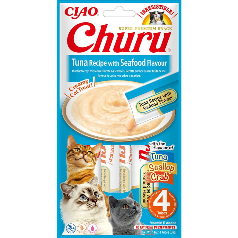 Ласощі INABA "Churu" для котів, вершковий мус в стіках, тунець/морепродукти 4*14 гр
