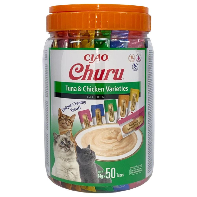 Ласощі INABA "Churu" для котів, вершковий мус в стіках, "Різновиди тунця/курки" * 14 гр (50 шт.уп.) продаж упаковкою