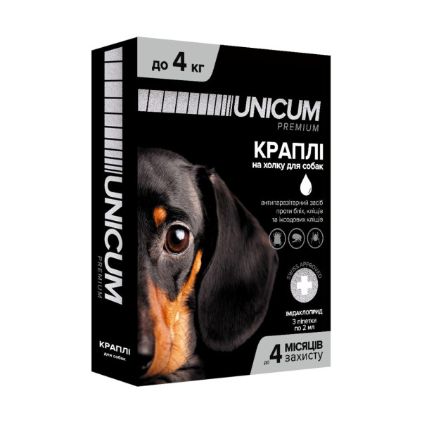 Краплі від бліх та кліщів на холку для собак Unicum premium 0-4 кг (імідаклоприд)/10 Краплі від бліх та кліщів на холку для собак Unicum premium 0-4 кг (імідаклоприд)/10