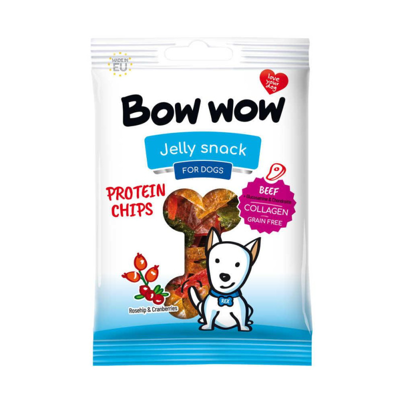 Ласощі  для собак "Bow wow" 60 гр, протеїнові чипси з яловичиною,шипшиною та журавлиною