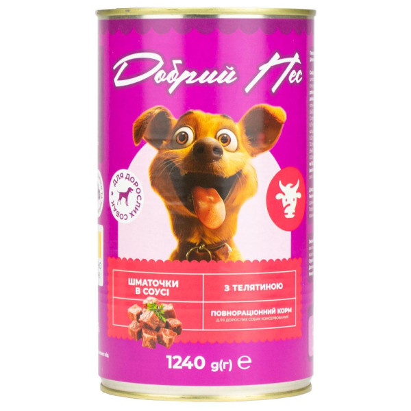 Корм Добрий Пес, для дорослих собак шматочки з телятиною в соусі, 1240 гр. ж/б