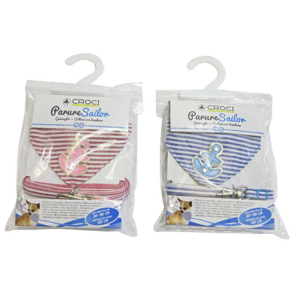 Набір нашийник + поводок CROCI BANDANA SAILOR, з банданою, блакитний, нейлон, 20-30х0,8см / 0,8х120см