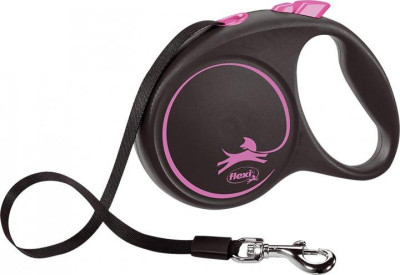 Повідець рулетка Flexi Black Design М, для собак вагою до 25 кг, стрічка 5 метрів, колір рожевий