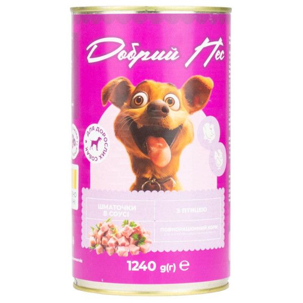 Корм Добрий Пес, для дорослих собак шматочки з птицею в соусі, 1240 гр. ж/б