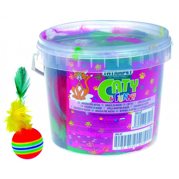 Іграшка для котів TETRAPET, м'ячик різнокольоровий, з пір'ям, 3-7 см 18 шт/уп - відро