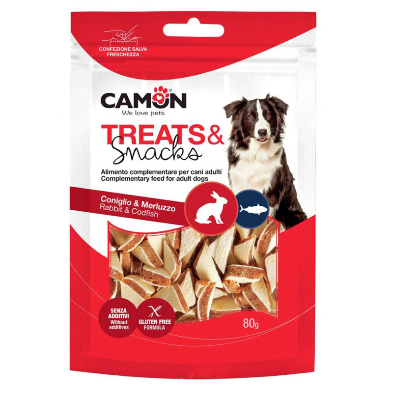 Ласощі для собак CAMON м'ясні сендвіч трикутники з кроликом та тріскою, 80 гр, 1,5*0,5 см