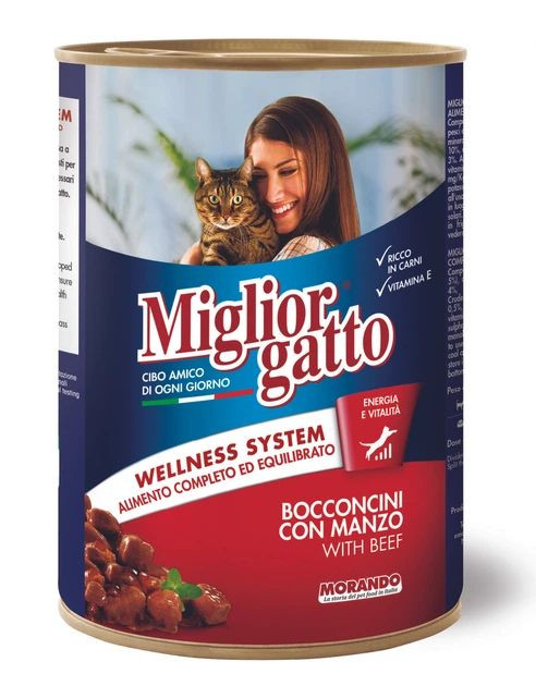 Морандо Morando Migliorgatto Wellness System шматочки яловичини в соусі, вологий корм для дорослих кішок, 6 консервів по 405 гр