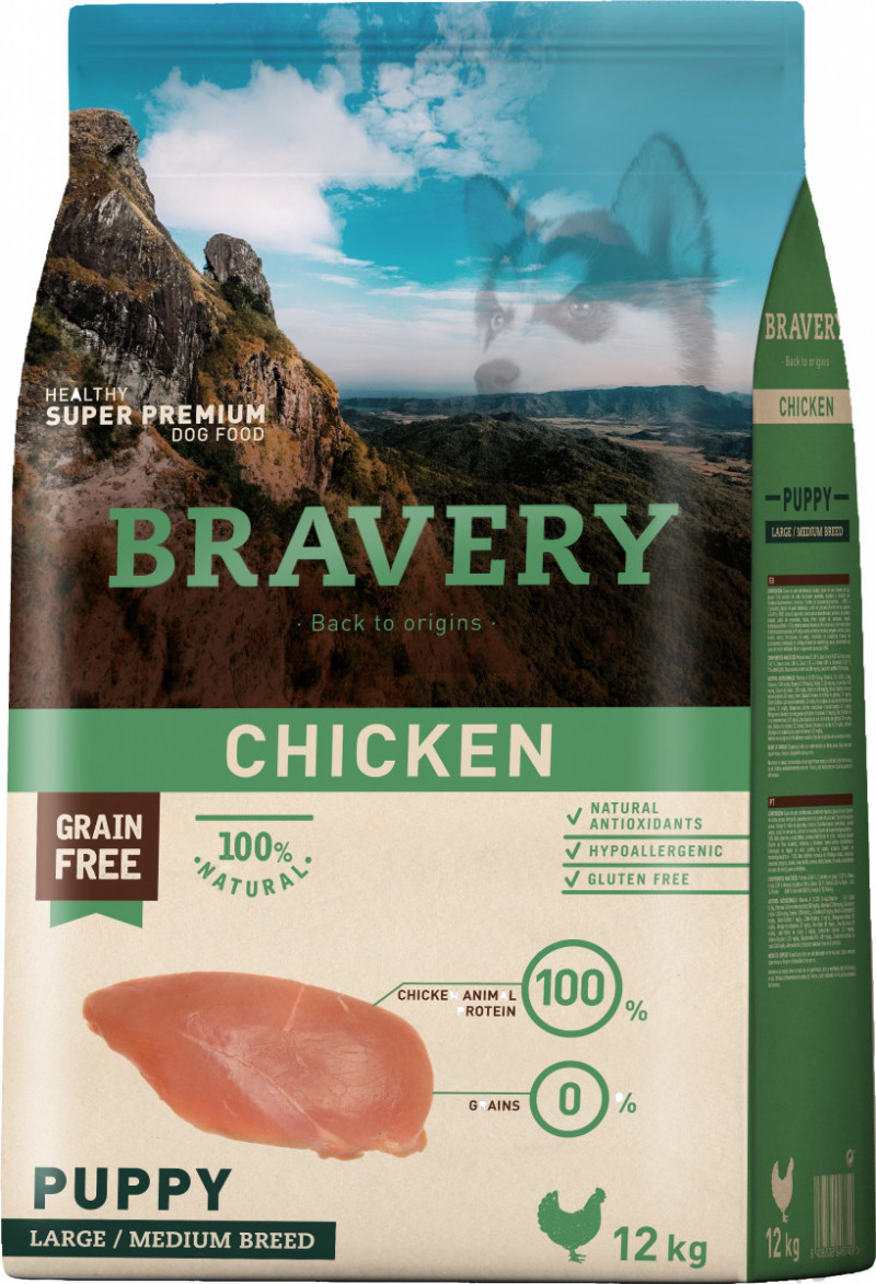 Бравері Bravery Chicken Puppy Large/Medium сухий корм з куркою для цуценят середніх і великих порід, 12 кг (6749)