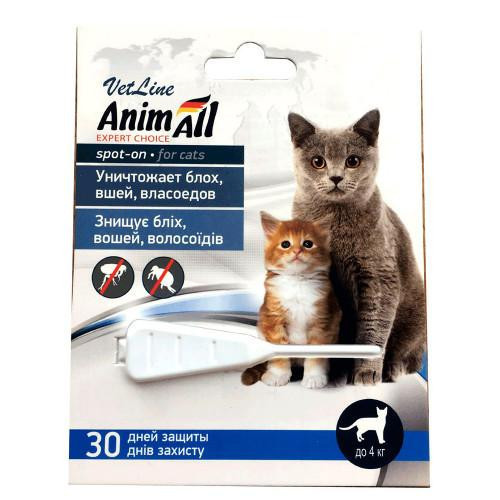 Анімалл Animall Vetline spot-on краплі від бліх і кліщів для кішок і кошенят вагою до 4 кг, 1 піпетка х 0,5 мл