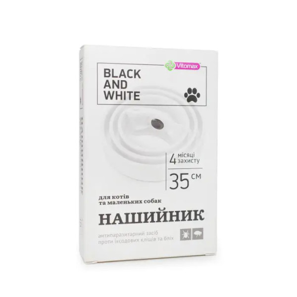 Нашийник Вітомакс Vitomax Black & White від бліх і кліщів для котів і дрібних собак, білий, 35 см Нашийник Вітомакс Vitomax Black & White від бліх і кліщів для котів і дрібних собак, білий, 35 см