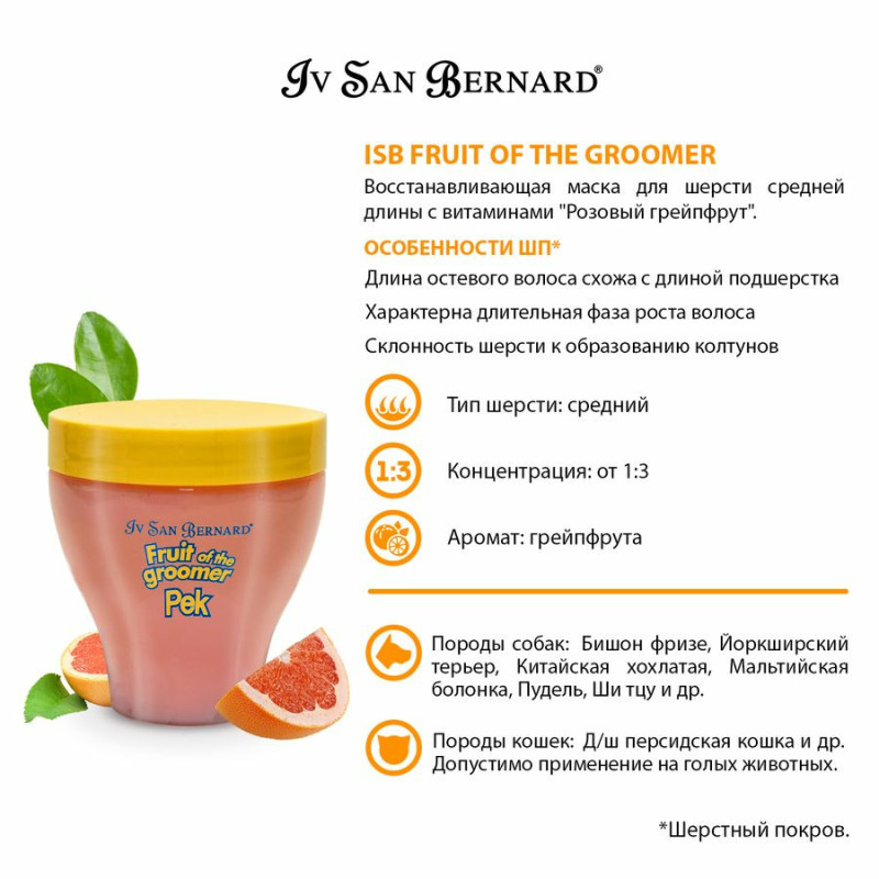 Відновлююча маска Рожевий Грейпфрут Iv San Bernard Pink Grapefruit для собак та котів, 250 мл