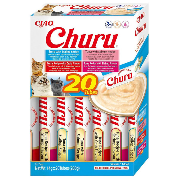 Ласощі INABA "Churu" для котів, вершковий мус в стіках, "Різновиди тунця/ морепродуктів" * 14 гр (20 шт.уп.)  продаж упаковкою