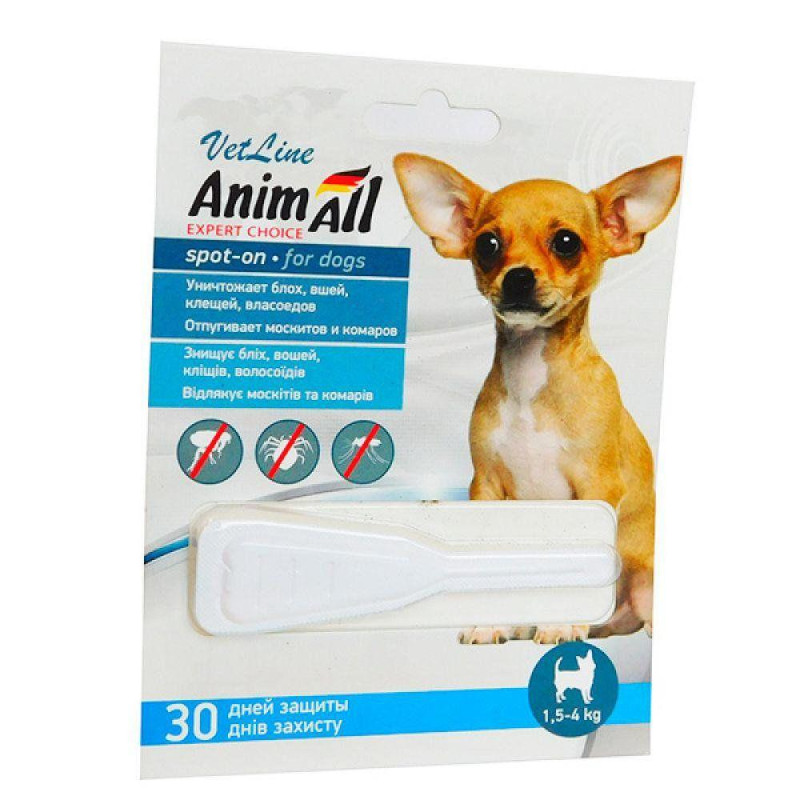 Animall spot-on &quot;vetline&quot; Анімал краплі від бліх і кліщів для собак вагою 1,5 - 4 кг, 1 піпетка х 0,8 мл