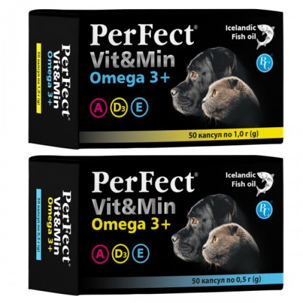 Perfect Vit&amp;Min Omega 3+ вітаміни для собак і кішок з риб'ячим жиром, 50 капсул по 0,5 гр