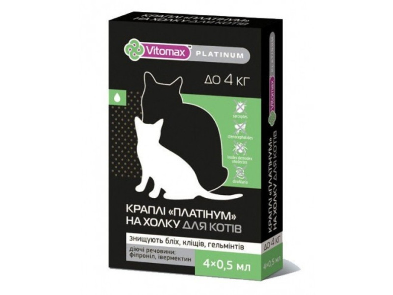 Вітомакс Vitomax Platinum краплі від глистів, бліх і кліщів для котів вагою до 4 кг, 4 піпетки