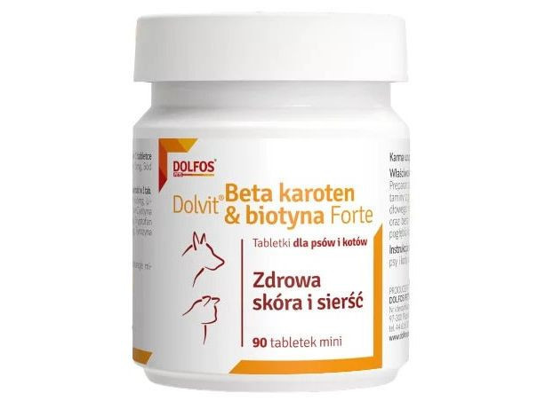 Долвіт Бета Каротин Біотин Форте Міні Dolfos Dolvit Beta Karoten &amp; Biotyna Forte Mini вітаміни для шкіри та вовни дрібних собак, 90 міні таблеток