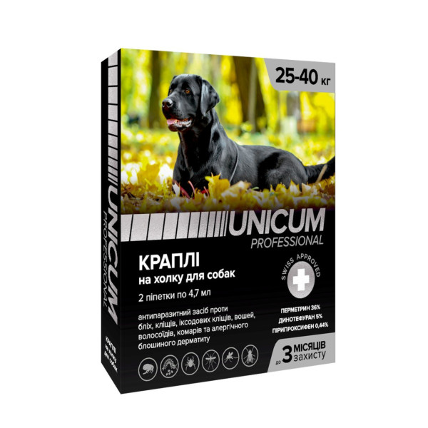 Краплі від бліх та кліщів на холку для собак Unicum PRO 25-40 кг (перметрин) 2шт/уп Краплі від бліх та кліщів на холку для собак Unicum PRO 25-40 кг (перметрин) 2шт/уп
