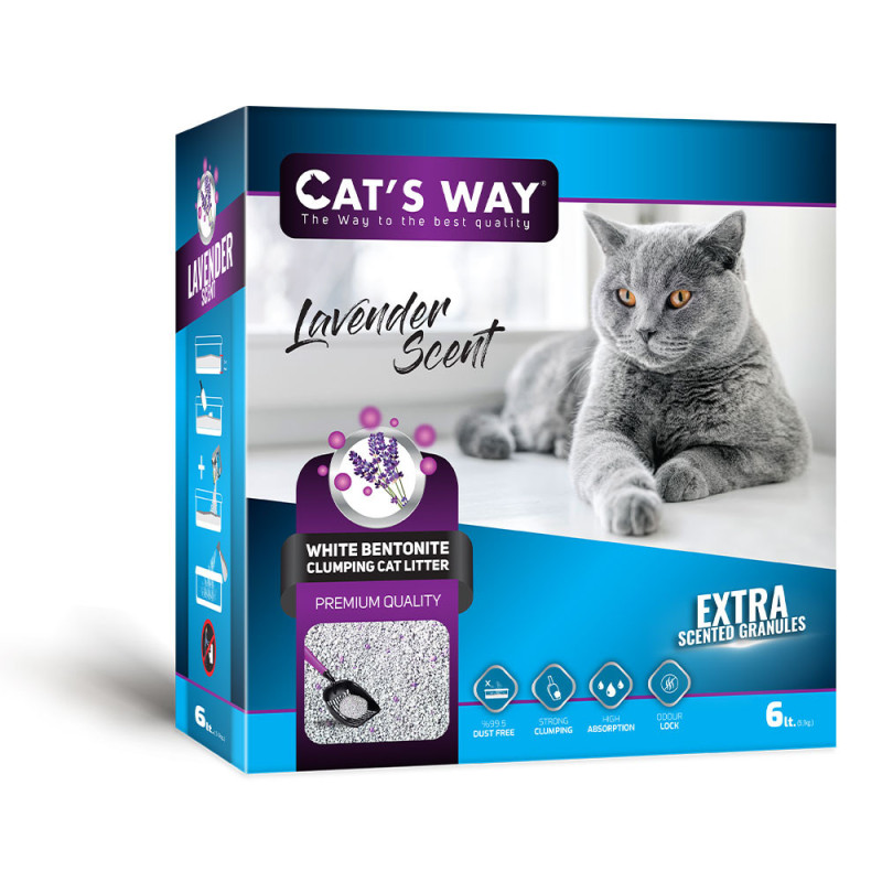 Cat's Way Box Lavander бентонітовий грудкуючий наповнювач з ароматом лаванди для котячих туалетів, фіолетові гранули, 6 л