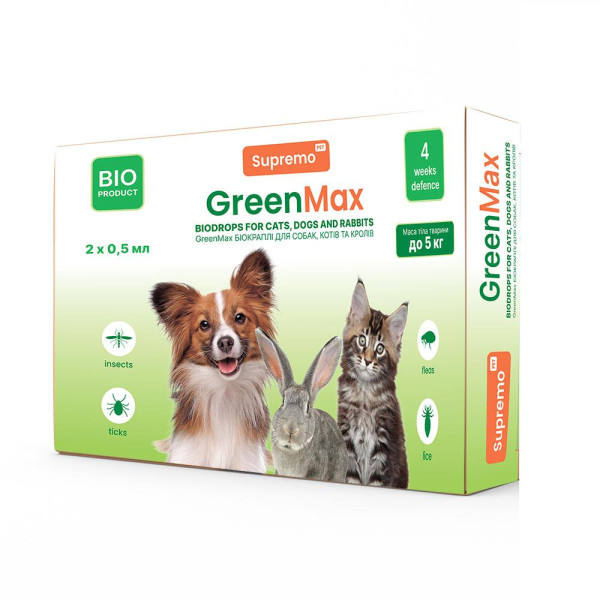 Краплі SUPREMO GREENMAX БІО для котів, дрібних собак та кролів, вагою до 5 кг, 0,5 мл - 2 шт./кор. профілактика від паразитів до 4