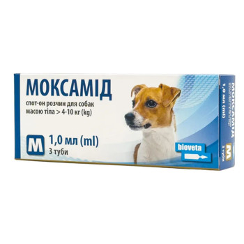 Моксамід краплі від бліх, кліщів та глистів для собак вагою від 4 до 10 кг, 3 піпетки, Bioveta