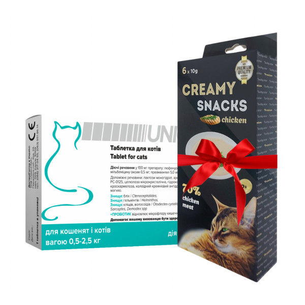 Таблетка Unicum 4 в 1 (від бліх, кліщів, гільмінтів, з пробіотіком) для котів 0,5-2,5 кг Таблетка Unicum 4 в 1 (від бліх, кліщів, гільмінтів, з пробіотіком) для котів 0,5-2,5 кг
