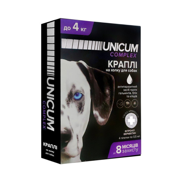Краплі від бліх, кліщів та гельмінтів на холку для собак Unicum COMPLEX 0-4 кг (івермектин+фіпр.)/10 Краплі від бліх, кліщів та гельмінтів на холку для собак Unicum COMPLEX 0-4 кг (івермектин+фіпр.)/10