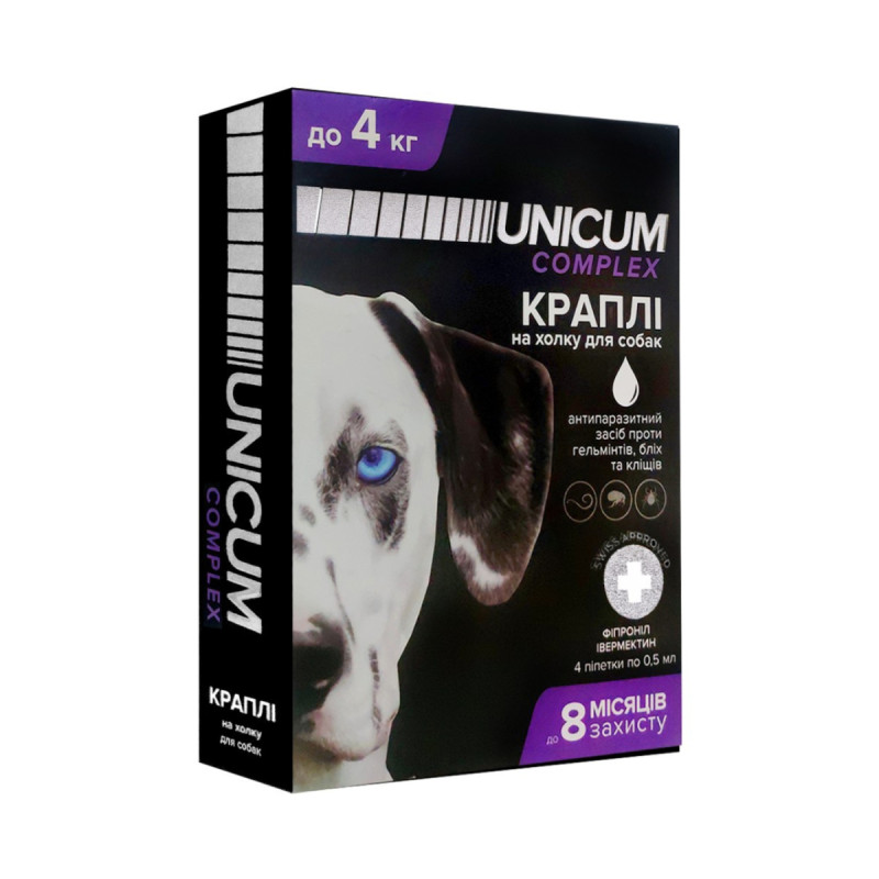Краплі від бліх, кліщів та гельмінтів на холку для собак Unicum COMPLEX 0-4 кг (івермектин+фіпр.)/10