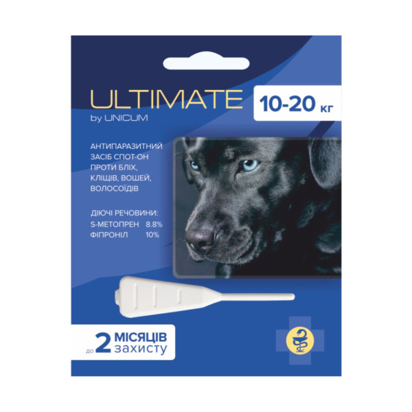 Краплі від бліх, кліщів, вошей та власоїдів ULTIMATE для собак 10-20 кг (s-метопрен, фіпр) 1,6 мл Краплі від бліх, кліщів, вошей та власоїдів ULTIMATE для собак 10-20 кг (s-метопрен, фіпр) 1,6 мл