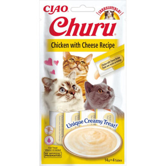 Ласощі INABA "Churu" для котів, вершковий мус в стіках, курка з сиром 4*14 гр