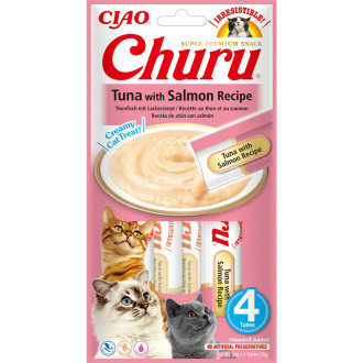 Ласощі INABA "Churu" для котів, вершковий мус в стіках, тунець/лосось 4*14 гр