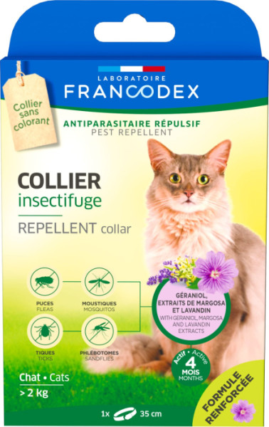 Нашийник-репелент Francodex Repellent Collar з гераніолом від бліх і кліщів для котів вагою понад 2 кг, 35 см