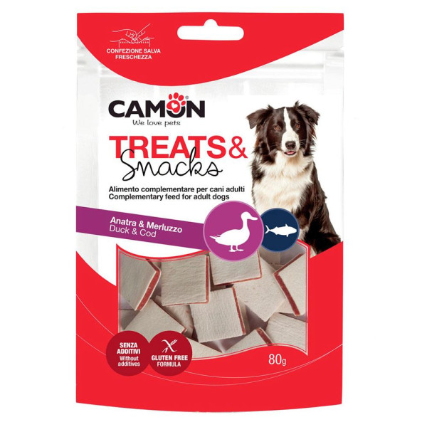 Ласощі для собак CAMON м'ясні сендвіч з качкою та тріскою, 80 гр, 3*0,5 см