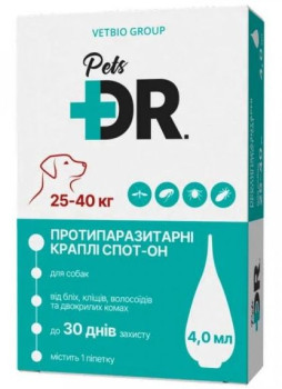 Доктор Петс Dr.Pets краплі від бліх та кліщів для собак вагою від 25 до 40 кг, 1 піпетка