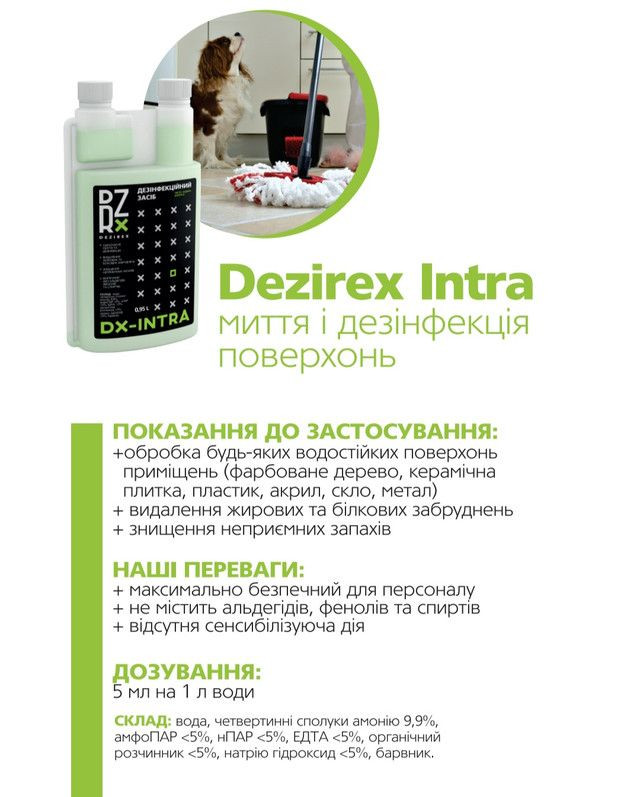 Дезірекс Інтра Dezirex Intra розчин для дезінфекції та миття поверхонь у ветеринарних приміщеннях, 1 л (0203202102)