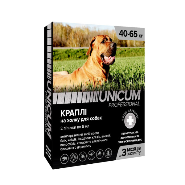 Краплі від бліх та кліщів на холку для собак Unicum PRO 40-65 кг (перметрин) 2шт/уп Краплі від бліх та кліщів на холку для собак Unicum PRO 40-65 кг (перметрин) 2шт/уп