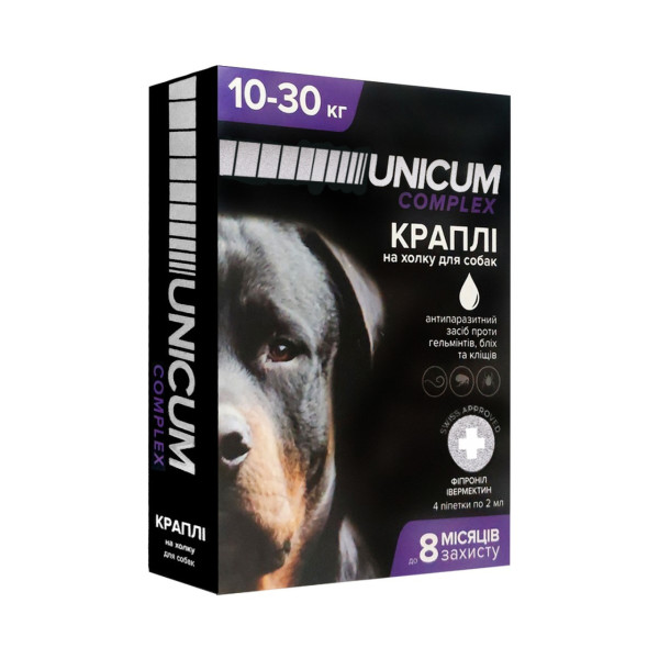 Краплі від бліх, кліщів та гельмінтів на холку для собак Unicum COMPLEX 10-30 кг (івермектин+фіпр)/1 Краплі від бліх, кліщів та гельмінтів на холку для собак Unicum COMPLEX 10-30 кг (івермектин+фіпр)/1