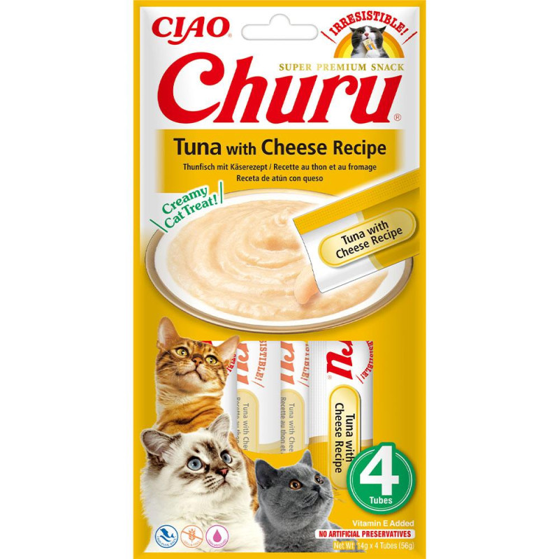 Ласощі INABA "Churu" для котів, вершковий мус в стіках, тунець з сиром 4*14 гр