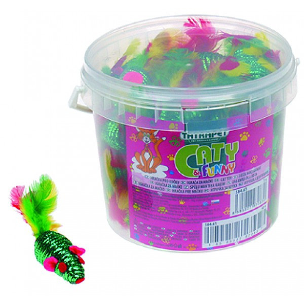 Іграшка для котів TETRAPET Caty funny, мишка з пір'ям, 5 см 40 шт/уп - відро