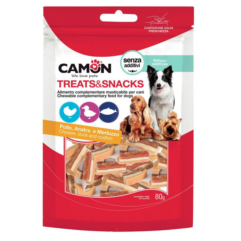 Ласощі для собак CAMON м'ясні шматочки з курки, качки та тріски, 80 гр, 3*1 см